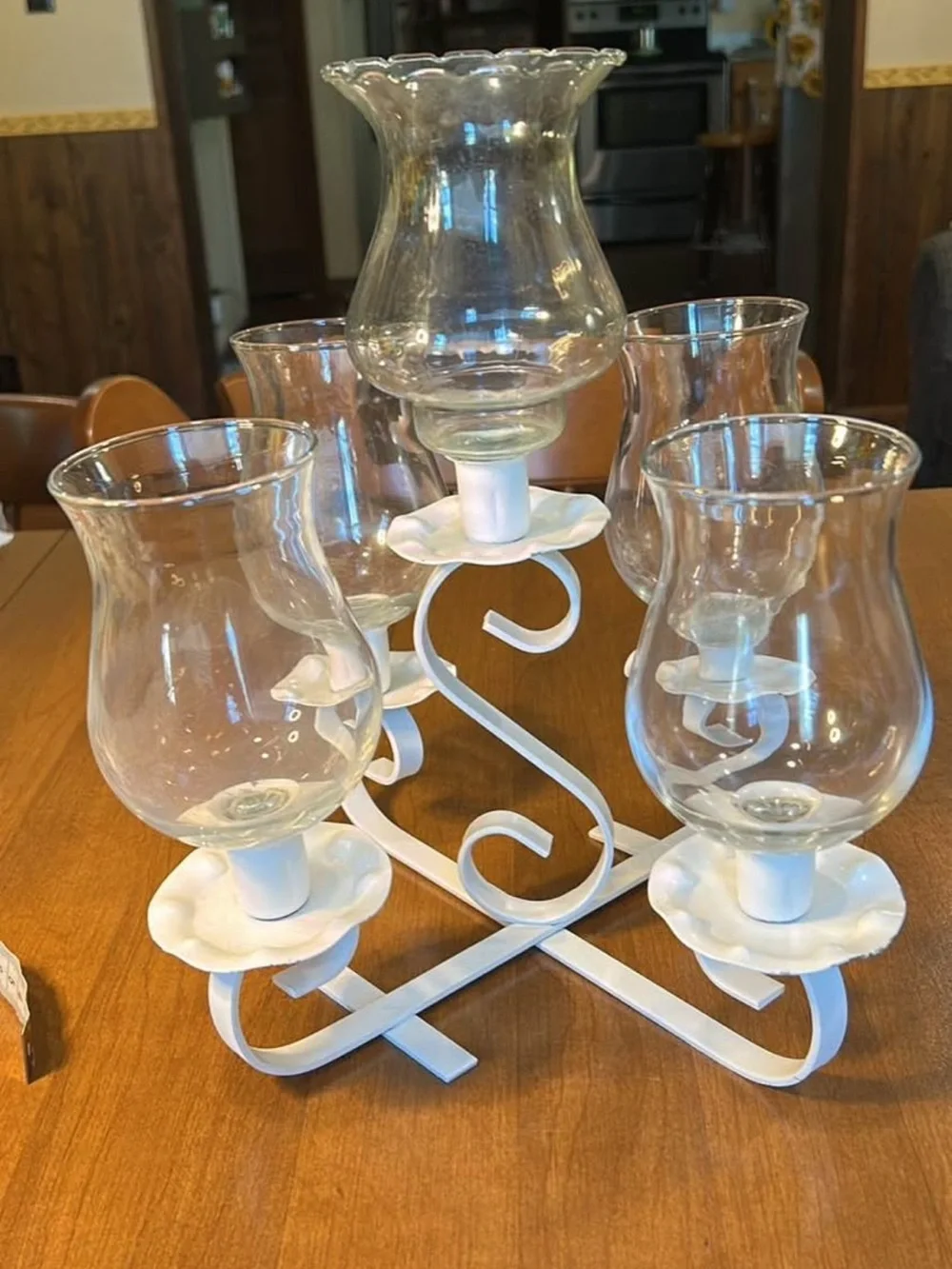 White Metal & Glass Hurricane Candle Holder Centerpiece
